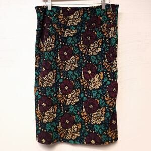 Lularoe Floral Pencil Skirt Maroon Yellow Green Stretch Size Large 